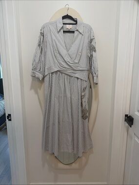 cinq a sept White Striped Wrap Midi Dress with Embroidered Accents